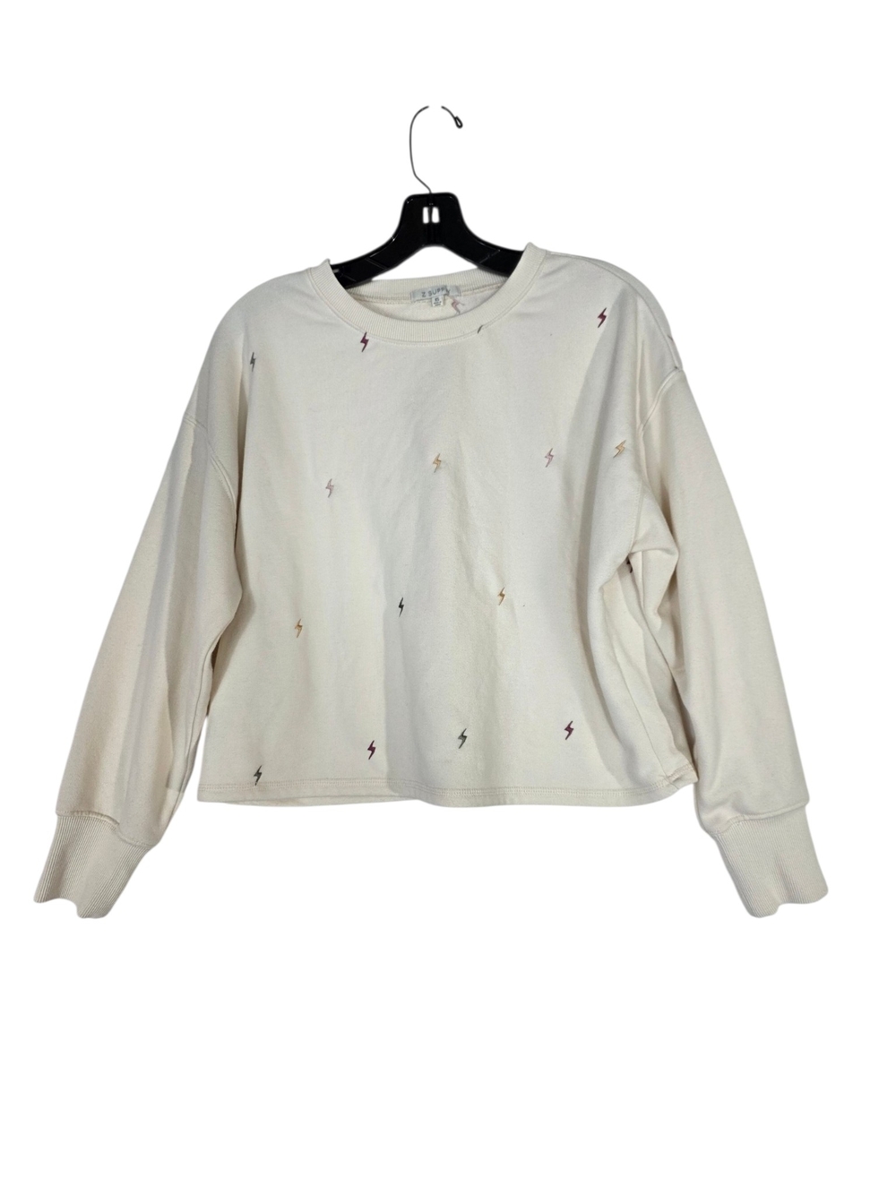 Z Supply Cream Cropped Sweatshirt with Embroidered Multicolor Lightning Bolts